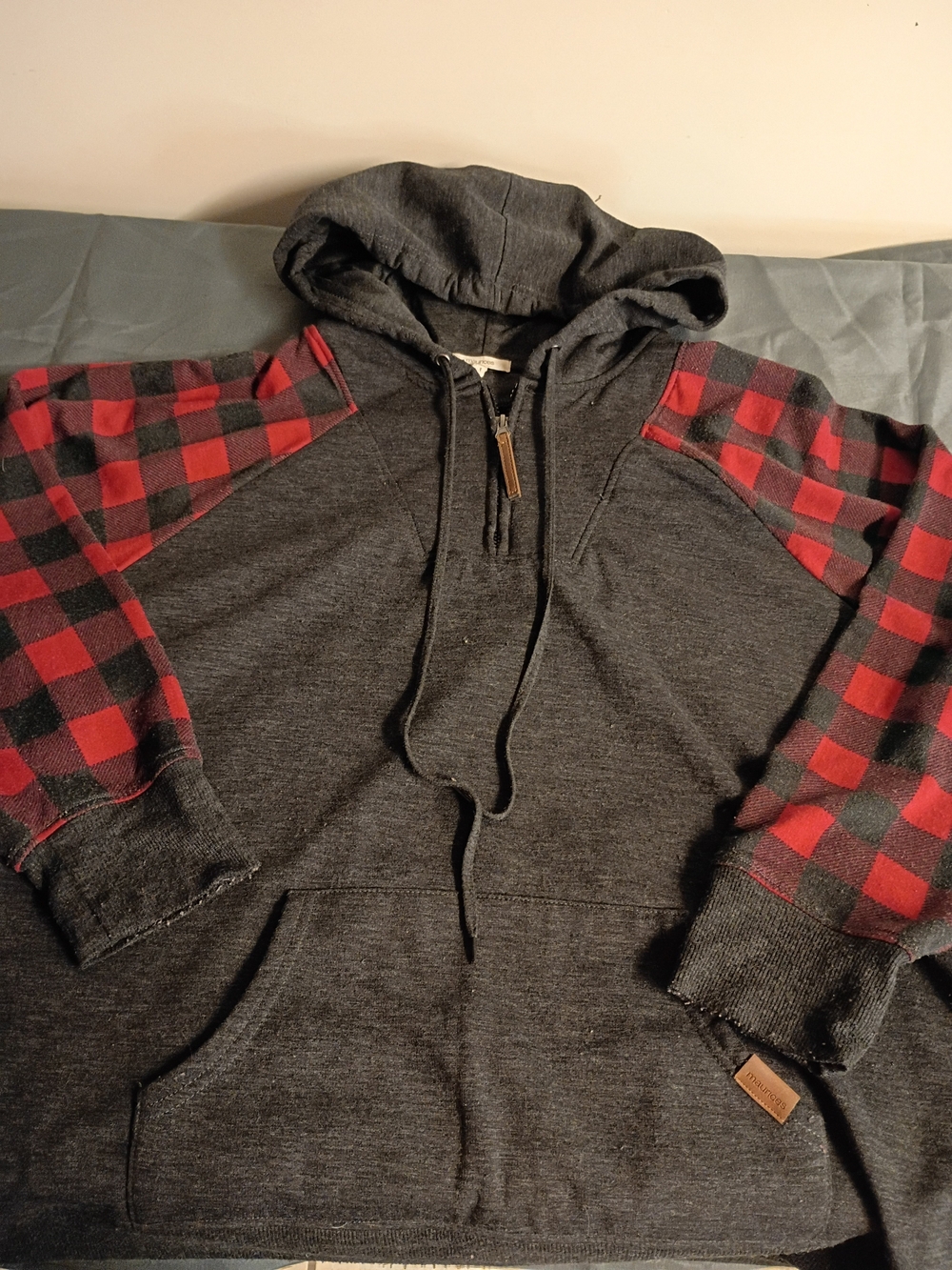 Women's Charcoal Hoodie Sweater with Red Buffalo Plaid Sleeves